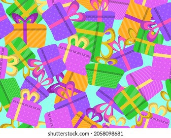 Nahtloses Muster mit farbenfrohen Geschenkschachteln im flachen Stil. Festliches Design für Grußkarten, Verpackungspapier, Banner und Werbematerialien. Vektorgrafik