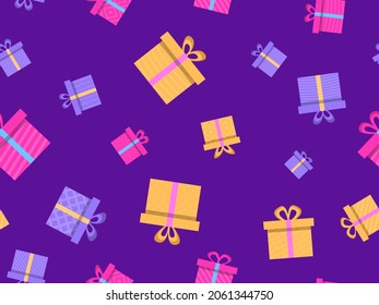 Nahtloses Muster mit farbenfrohen Geschenkschachteln im flachen Stil. Festliches Design für Grußkarten, Verpackungspapier, Banner und Werbematerialien. Vektorgrafik