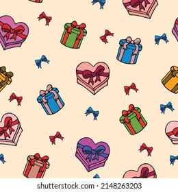 Seamless pattern of colorful gift boxes on a pink background with bows. Celebratory vector illustration for textile, packaging, wrapping paper, surface design