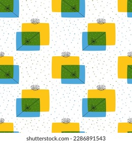 Seamless pattern with colorful gift boxes. Graphic print with doodle presents. Hand drawn packaging with dots, confetti, line ribbons. Yellow, green. Vector illustration