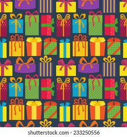 Seamless pattern with colorful gift boxes, on dark background. Christmas gifts. Wrapping. Abstract background. Vector illustration.