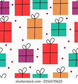 Seamless pattern of colorful gift boxes on a clean white background  