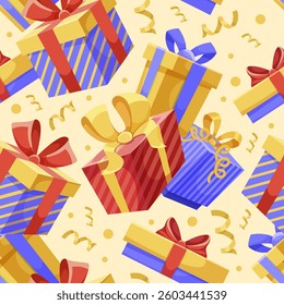 Seamless pattern of colorful gift boxes with bows and ribbons. Vector illustration