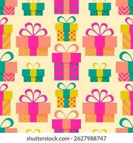 Seamless pattern with colorful gift boxes on a light yellow background. Christmas vector background.