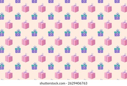Seamless pattern of colorful gift boxes in pink, purple and turquoise. Perfect for fabric, wrapping paper, digital backgrounds and print!