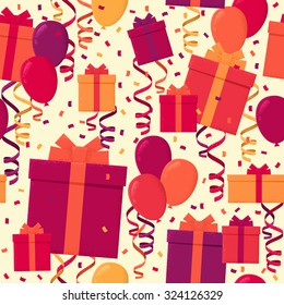 Seamless pattern with colorful gift boxes, paper streamer, confetti and multicolored balloons. Retro vector background