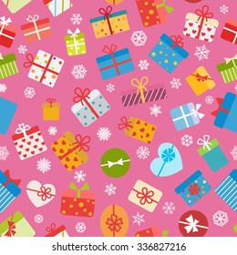 Seamless pattern of colorful gift boxes on pink background