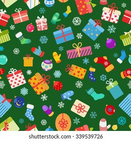 Seamless pattern of colorful gift boxes, socks, mittens and Christmas balls
