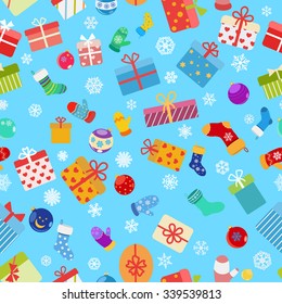 Seamless pattern of colorful gift boxes, socks, mittens and Christmas balls