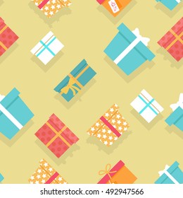 Seamless pattern with colorful gift boxes with fashionable ribbons and bows isolated. Present. Decorative stylish wrap for presents package. Modern packing product. Gifts web icon sign symbol. Vector