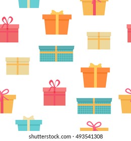 Seamless pattern with colorful gift boxes with fashionable ribbons and bows isolated. Present. Decorative stylish wrap for presents package. Modern packing product. Gifts web icon sign symbol. Vector