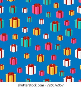 Seamless pattern from colorful gifts bandaged with red ribbon. Background. Vector illustration of an isometric style. Design for packaging, banner, poster.