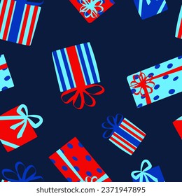 Seamless pattern of colorful gifts on a dark blue background. Cartoon vector illustration for party decoration.