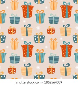 Seamless pattern with colorful gifts. Packaging paper design.	