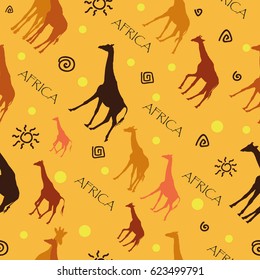 Seamless pattern with colorful giraffes on yellow background