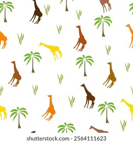 Seamless pattern with colorful giraffes and palm trees. Cartoon children's drawing. Vector design eps 10