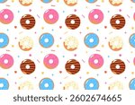 Seamless pattern of colorful glazed donuts with sprinkles. Perfect for menus, recipes, fabrics, textiles, backgrounds, wallpapers, packaging, wrapping, paper