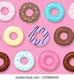 Seamless pattern of colorful glazed  donuts on a pink background. Vector illustration.