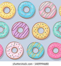 Seamless pattern of colorful glazed donuts on a gray background. Vector illustration. - Vector