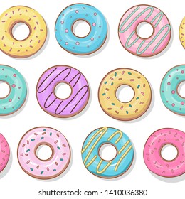Seamless pattern of colorful glazed donuts on a white background. Vector illustration. - Vector
