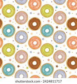 Seamless pattern with colorful glazed donuts. Vector cute sweet background