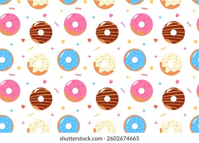 Seamless pattern of colorful glazed donuts with sprinkles. Perfect for menus, recipes, fabrics, textiles, backgrounds, wallpapers, packaging, wrapping, paper