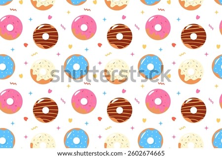 Seamless pattern of colorful glazed donuts with sprinkles. Perfect for menus, recipes, fabrics, textiles, backgrounds, wallpapers, packaging, wrapping, paper
