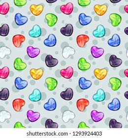 Seamless pattern with colorful glossy diamond hearts. Vector jewelry texture.