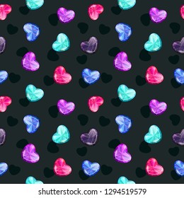 Seamless pattern with colorful glossy diamond hearts on the black background. Vector jewelry texture.