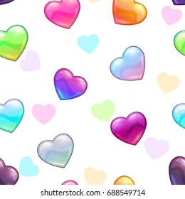 Seamless pattern with colorful glossy hearts on white background. Vector texture.
