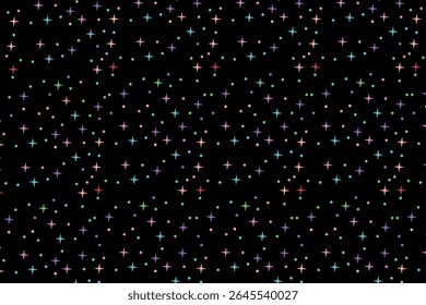 Seamless pattern of colorful glowing stars on black background for festive, magical or cosmic designs