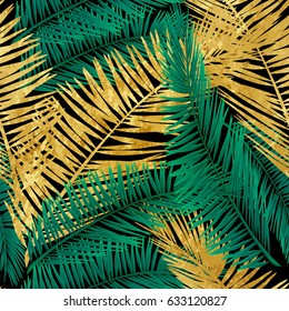 Seamless pattern of colorful and gold tropical leaves on white background. Greeting cards, wallpapers, flyers and banners jungle concept. Colorful realistic style. Vector illustration. EPS 10.