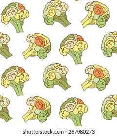 Seamless pattern with colorful green, orange, yellow broccolis Vector illustration eps 10