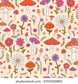 Seamless pattern with colorful groovy flowers and mushrooms in 70s and 60s style. Vintage hippie background. Psychedelic seventies texture. Vector illustrations.