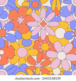 Seamless pattern with colorful groovy hippy flowers . 70s, 80s, 90s vibes polka dot texture. Abstract daisy and camomile Vintage nostalgia elements. Geometric vector illustration.