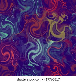 Seamless pattern with colorful grunge swirled chaotic stripes on blue background
