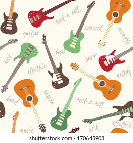 Seamless pattern with colorful guitars and text