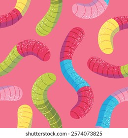 Seamless pattern with colorful gummy worms, covered in sugar powder. Hand drawn vector illustration