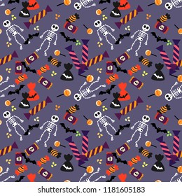 Seamless pattern of colorful Halloween candy and skeleton. 
