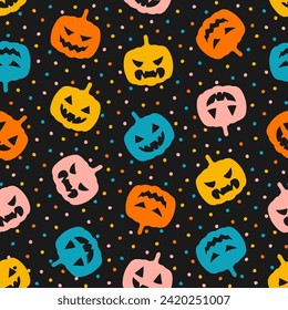 Seamless pattern with colorful halloween pumpkin and dots