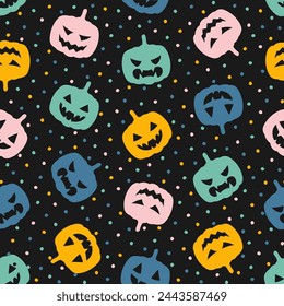 Seamless pattern with colorful halloween pumpkin and dots