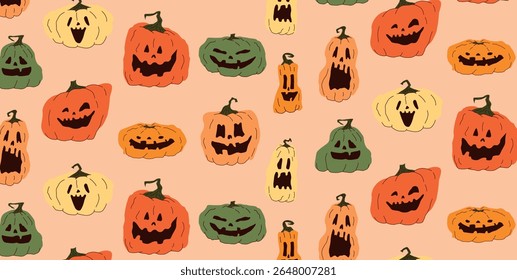 Seamless Pattern with Colorful Halloween Pumpkins. Scary and Funny Jack o Lantern Faces in Green Yellow Orange. Emotion Expression Carved Faces. Flat Graphic Vector Illustration