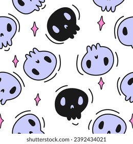 seamless pattern with colorful halloween skull. feminine skull pattern with white background. Cute pattern of human skulls. Funny skull faces. Monochrome ornament.Halloween seamless illustration.