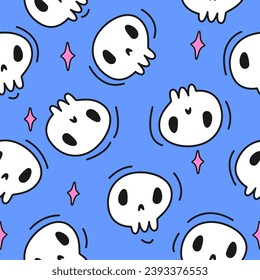 seamless pattern with colorful halloween skull. feminine skull pattern with blue background. Cute pattern of human skulls. Funny skull faces. Monochrome ornament.Halloween seamless illustration.