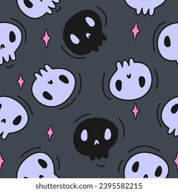 seamless pattern with colorful halloween skull. feminine skull pattern with black background. Cute pattern of human skulls. Funny skull faces. Monochrome ornament.Halloween seamless illustration.