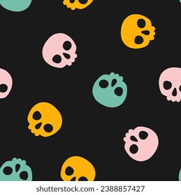 Seamless pattern with colorful halloween skulls and black background