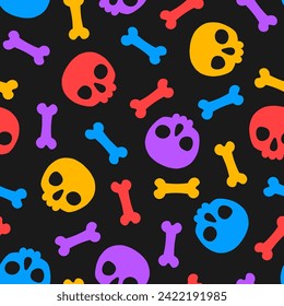 Seamless pattern with colorful halloween skulls and black background