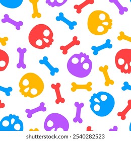 Padrão perfeito com crânios e ossos coloridos de halloween
