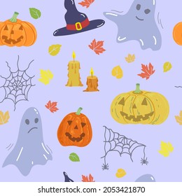 Seamless pattern with colorful Halloween symbols, pumpkins, candle, hat, ghost, spider and cobweb. For printing wrapping paper, packaging, fabric. Hand Drawn vector illustration.