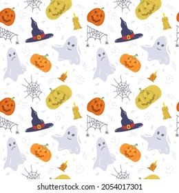 Seamless pattern with colorful Halloween symbols, pumpkins, candle, hat, ghost, spider and cobweb. For printing wrapping paper, packaging, fabric. Hand Drawn vector illustration.